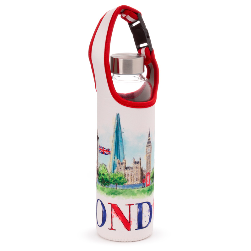 BOT193_001 Reusable 500ml Glass Water Bottle with Protective Neoprene Sleeve - London Icons - Image 1