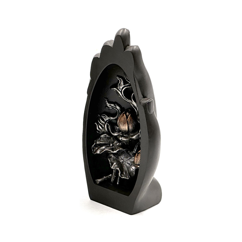 BUD390_001 Decorative Thai Buddha Figurine - Silver & Black Hand Shaped Carved Lotus - Image 1