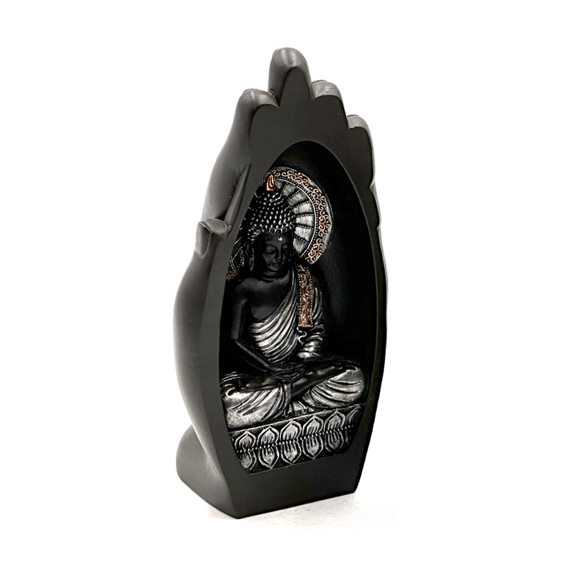 BUD391_001 Decorative Thai Buddha Figurine - Silver & Black Hand Shaped - Image 1