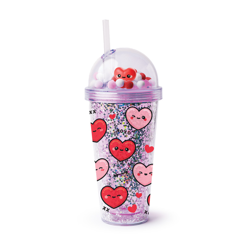 CUP89_001 Double Walled Cup with Lid, Straw & Charms - J'Adoramals Hearts - Image 1