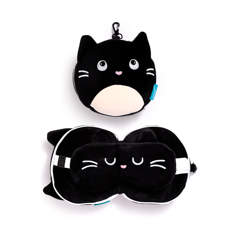 CUSH249_001 Relaxeazzz Travel Pillow & Eye Mask - Feline Fine Cat - Image 1