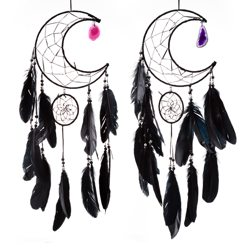 DC68_001 Dreamcatcher with Agate Charm - Black Sickle Crescent Moon - Image 1