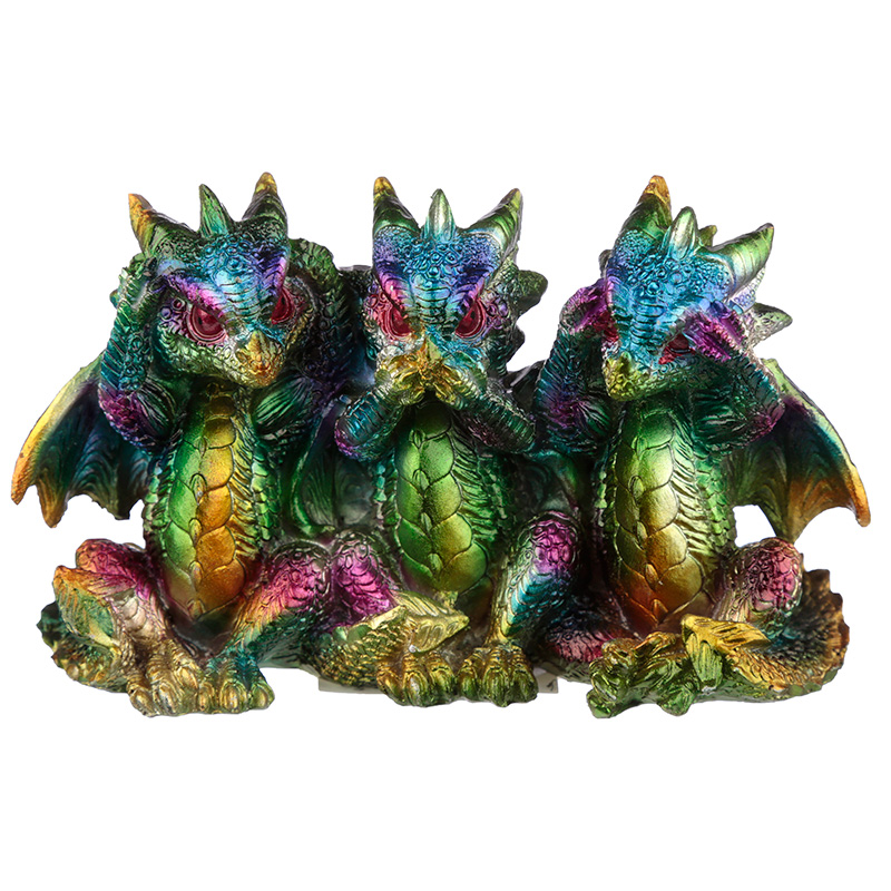 DRG469_001 Hear No See No Speak No Metallic Rainbow Dragon Figurine - Image 1