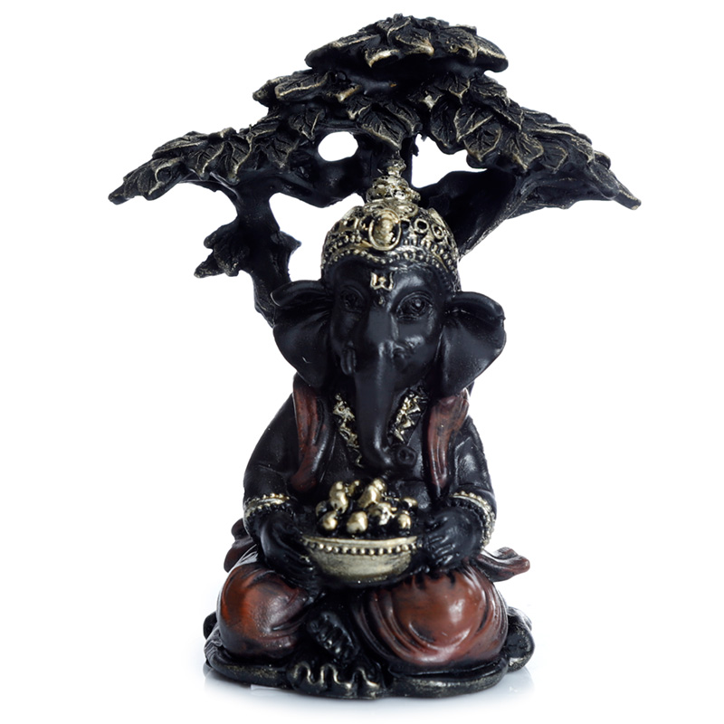 GAN18_001 Black and Gold Ganesh Sitting Under Tree - Image 1