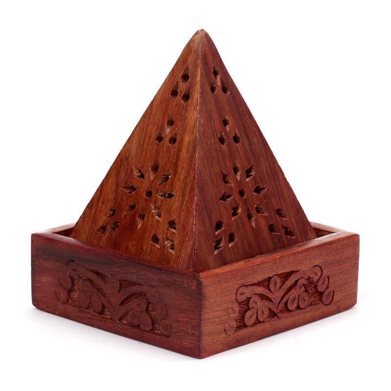IF198_001 Pyramid Sheesham Wood Incense Cone Box with Fretwork - Image 1