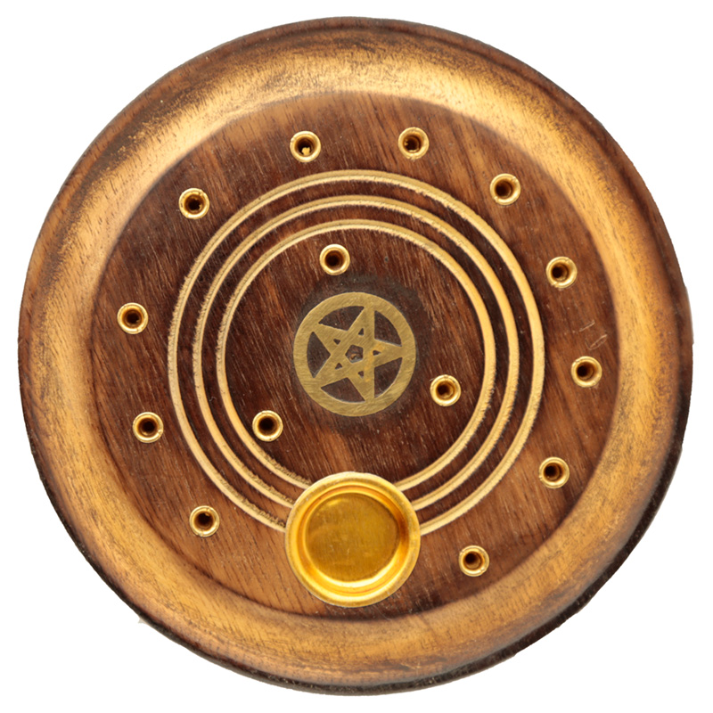 IF225_001 Decorative Round Pentagram Wooden Incense Burner Ash Catcher - Image 1