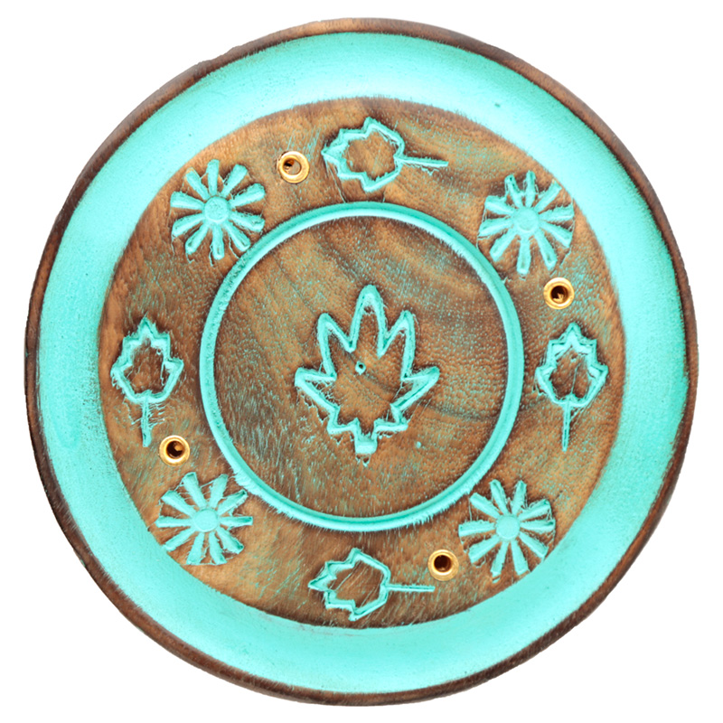 IF226_001 Decorative Round Painted Leaf Wooden Incense Burner Ash Catcher - Image 1