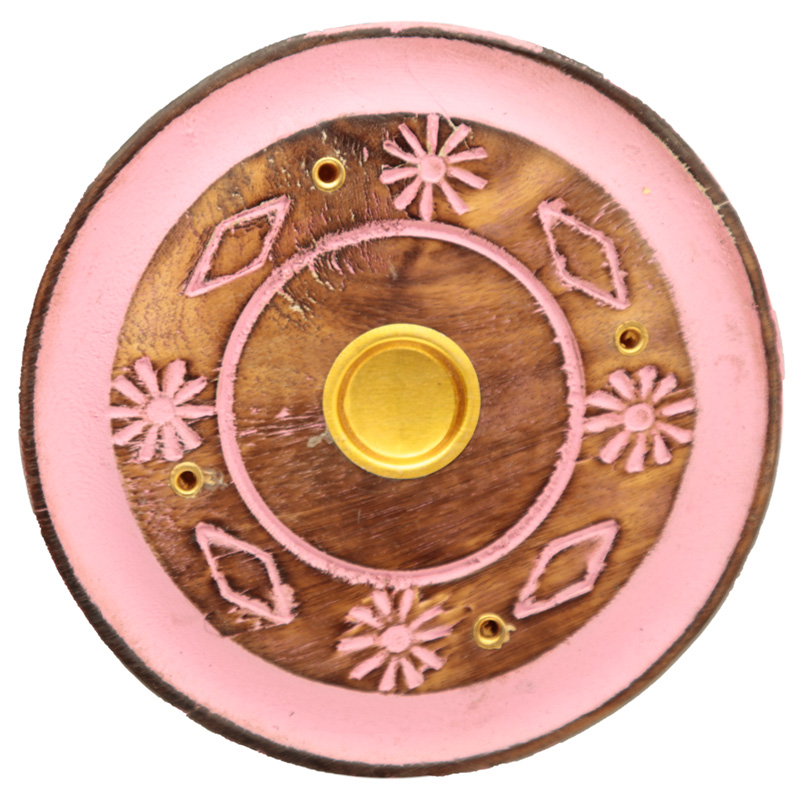 IF227_001 Decorative Round Painted Flower Wooden Incense Burner Ash Catcher - Image 1
