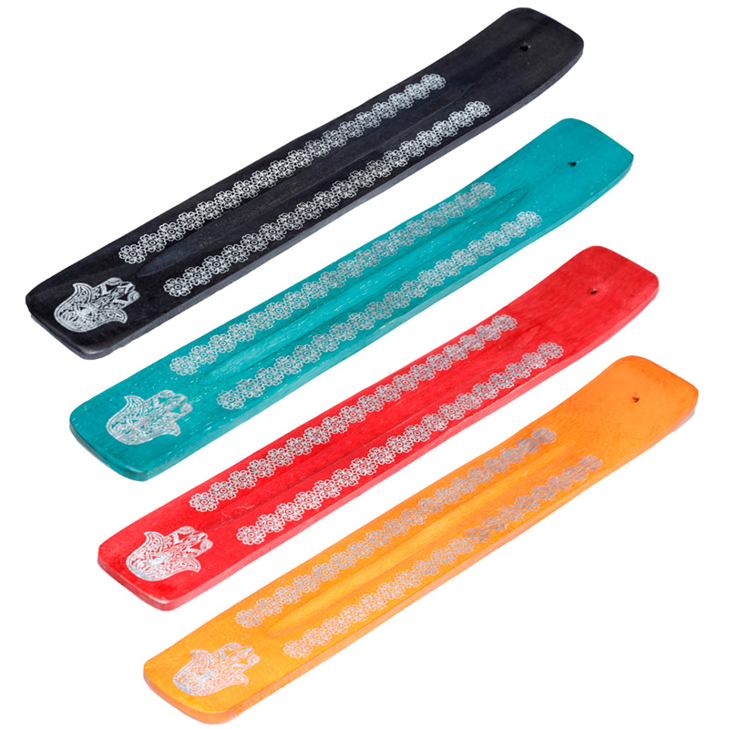 IF231_001 Mango Wood Hamsa Palm Inlay Ashcatcher Incense Sticks Burner - Image 1