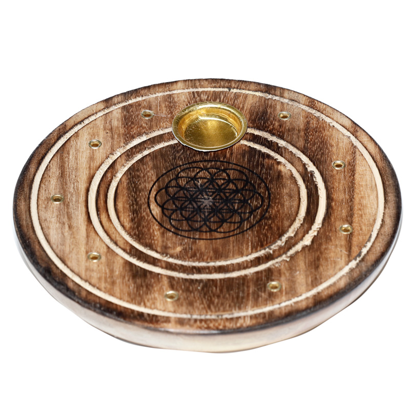 IF234_001 Mango Wood Round Flower of Life Ashcatcher Incense Sticks & Cones Burner - Image 1