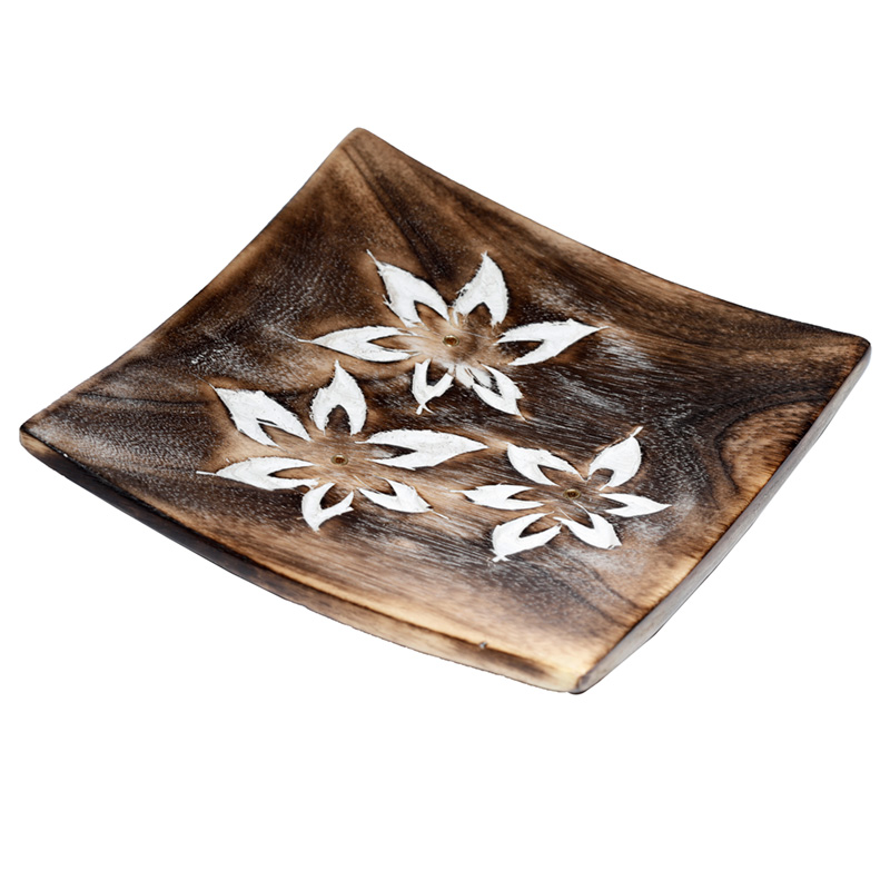 IF237_001 Mango Wood Square Carved Flowers Ashcatcher Incense Sticks Burner - Image 1