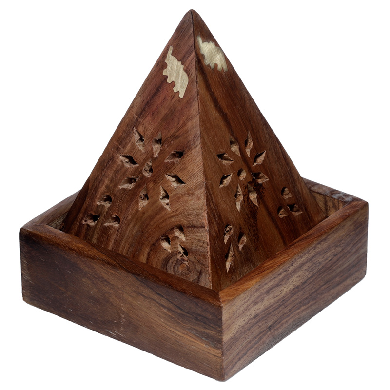IF246_001 Sheesham Wood Pyramid Incense Cone Burner Box with Elephant - Image 1
