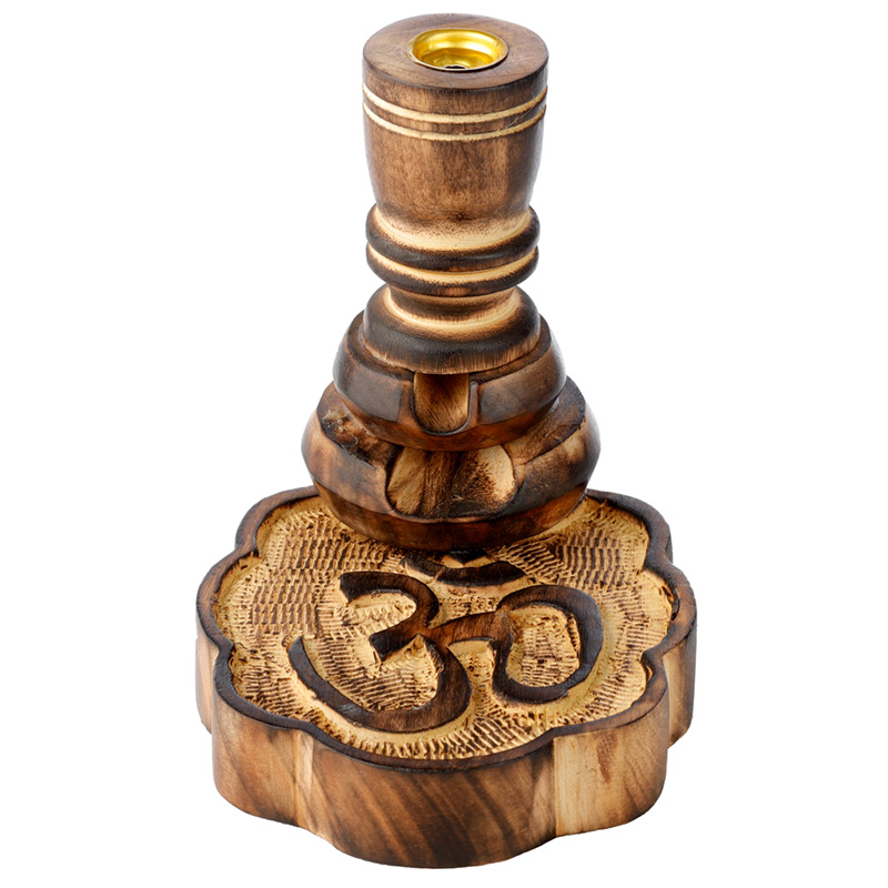 IF254_001 Carved Mango Wood Backflow Incense Burner - Om - Image 1
