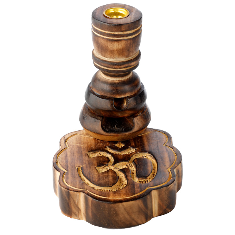IF256_001 Carved Mango Wood Backflow Incense Burner - Om Carved - Image 1