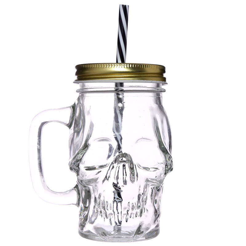 JAR29_001 Glass Drinking Jar with Lid & Straw - Skull Shaped - Image 1