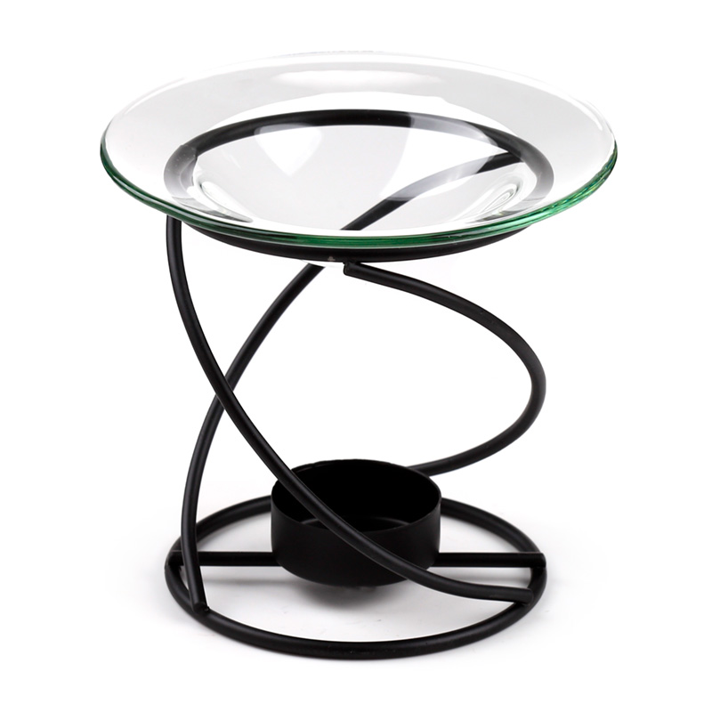 OB100_001 Thin Spiral Black Metal Oil & Wax Burner with Glass Dish - Image 1