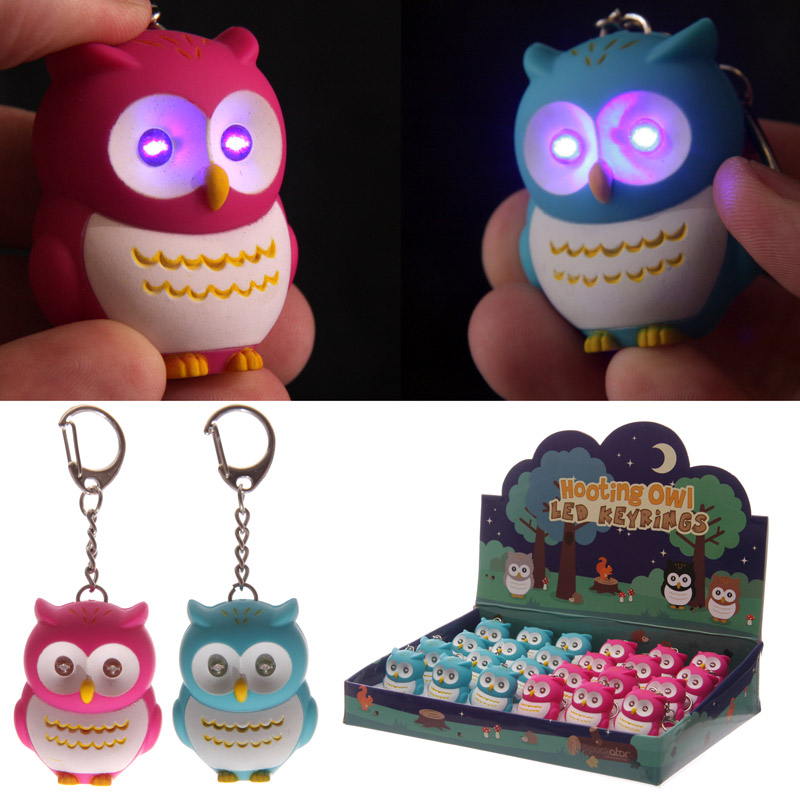 OWL24A_001 LED Light & Sound Keyring - Pink & Blue Hooting Owl - Image 1