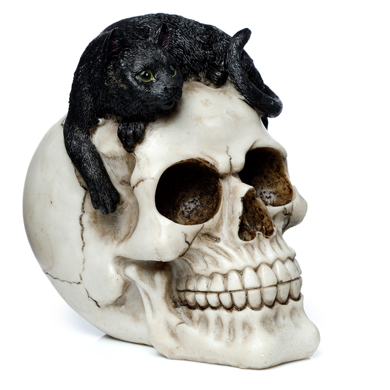 SK334_001 Fantasy Skull Ornament - Skull with Black Cat - Image 1