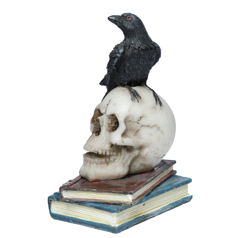 SK350_001 Crow Standing on Skull and Books Ornament - Image 1