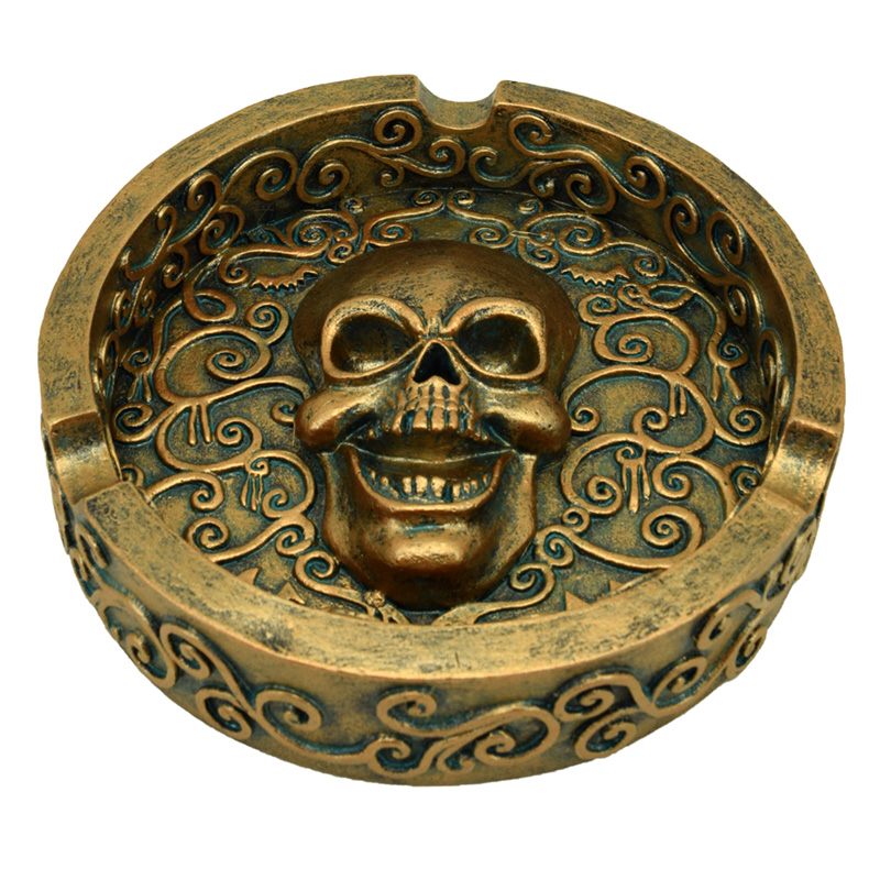 SK362_001 Decorative Ashtray - Metallic Brushed Gold Effect Skull - Image 1