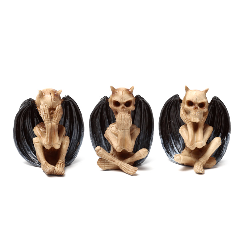 SK389_001 Decorative Set of 3 Ornaments - The Reaper See No Speak No Hear No Evil Winged Demons - Image 1
