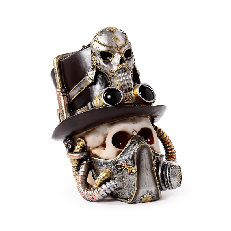 SK399_001 Decorative Ornament - Steampunk Style Skull with Gas Mask & Top Hat - Image 1