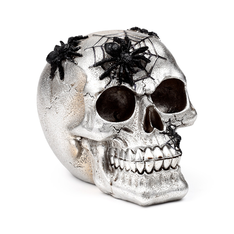SK412_001 Decorative Ornament - Silver Skull with Black Spiders & Webs - Image 1